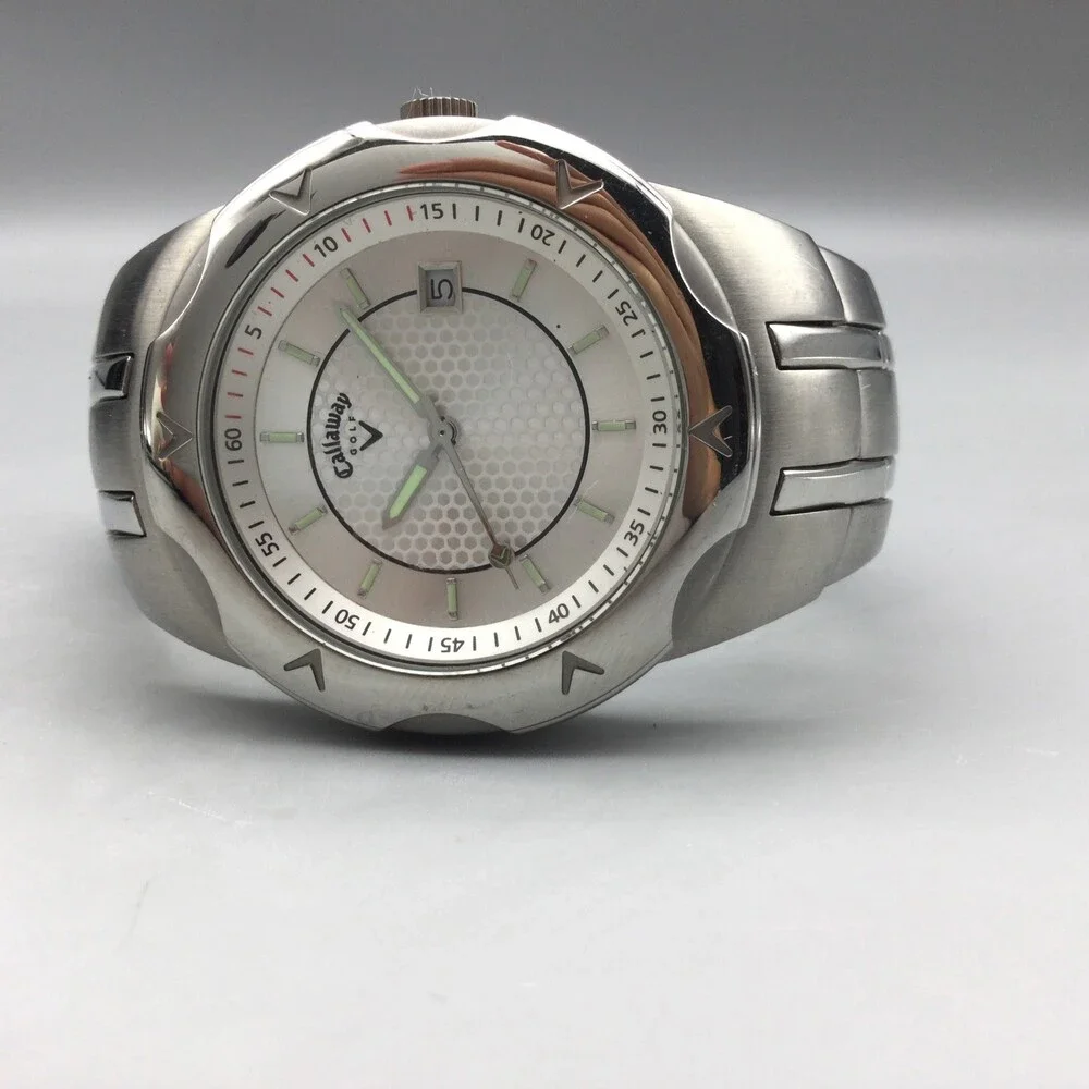 Callaway Golf Watch Mens 39mm Silver Tone Date New Battery 7.25" - Picture 6 of 12